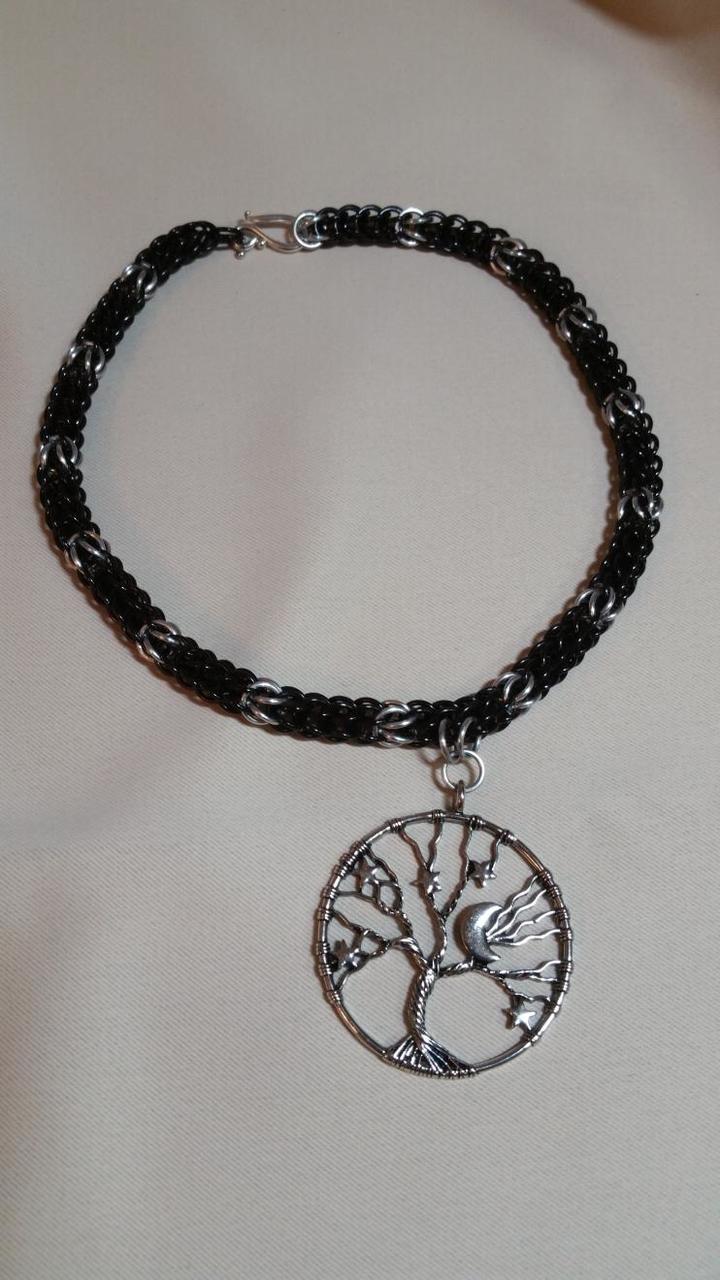 Black and Silver chainmaille necklace with metal twisted tree pendant